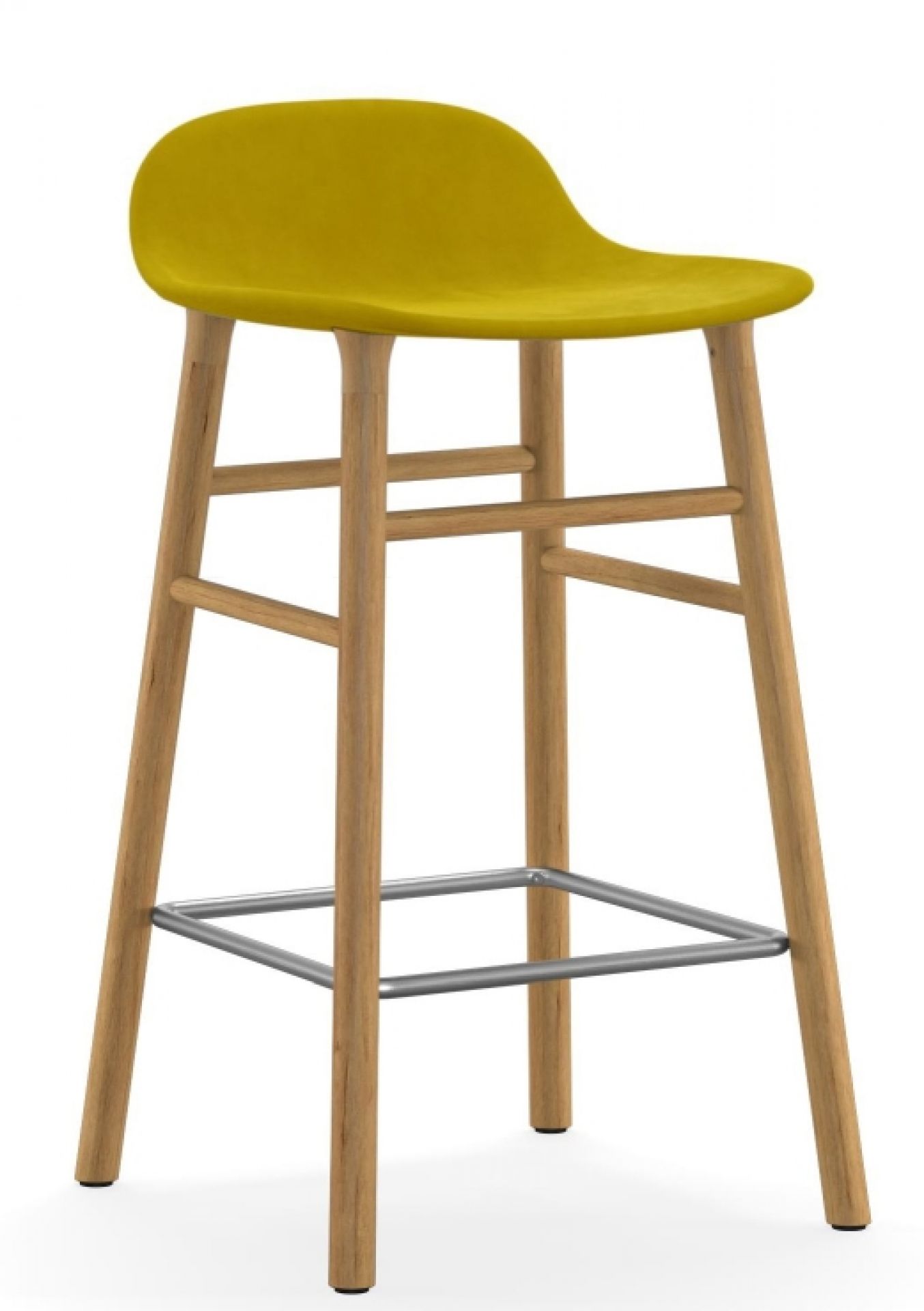 Normann Copenhagen Form Barhocker H 65 cm, gelb gepolstert, Holzgestell mit Fußstütze aus Metall.