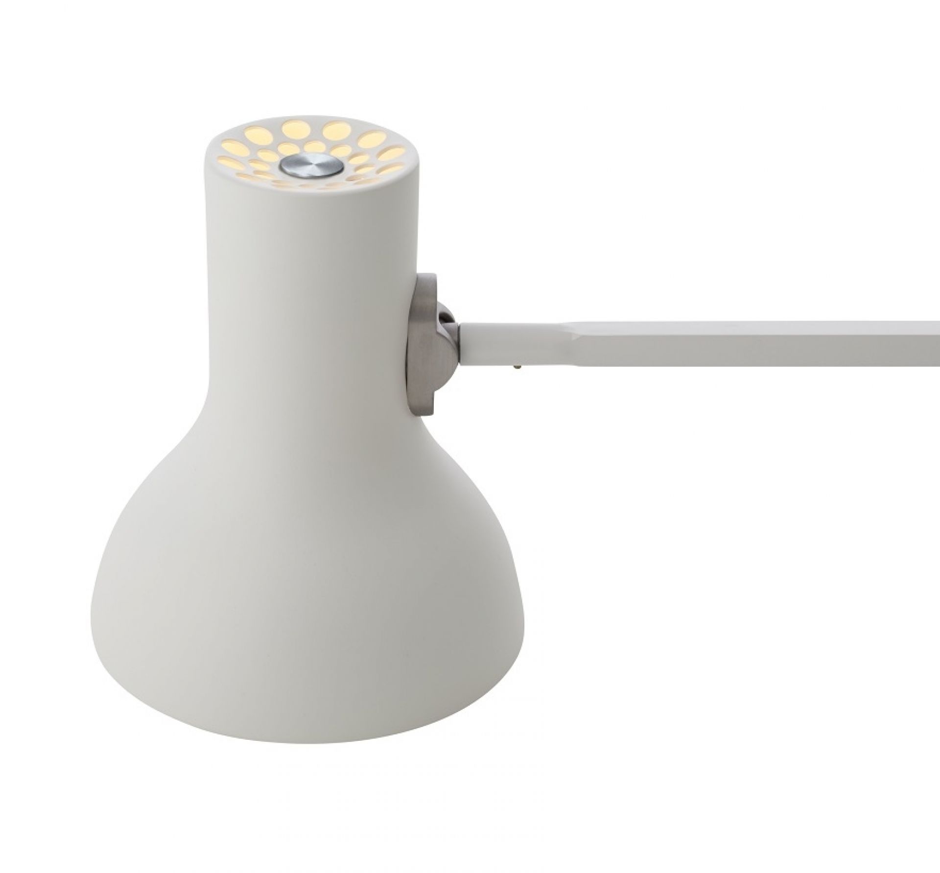 Nahaufnahme der Anglepoise Type 75 Mini Tischleuchte in Alpinweiß, moderne Schreibtischlampe.