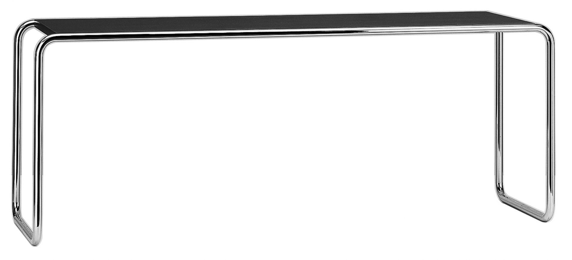 B 10 Thonet Beistelltisch: Klassischer Stahlrohr Tisch mit schwarzer Tischplatte, minimalistisches Design.