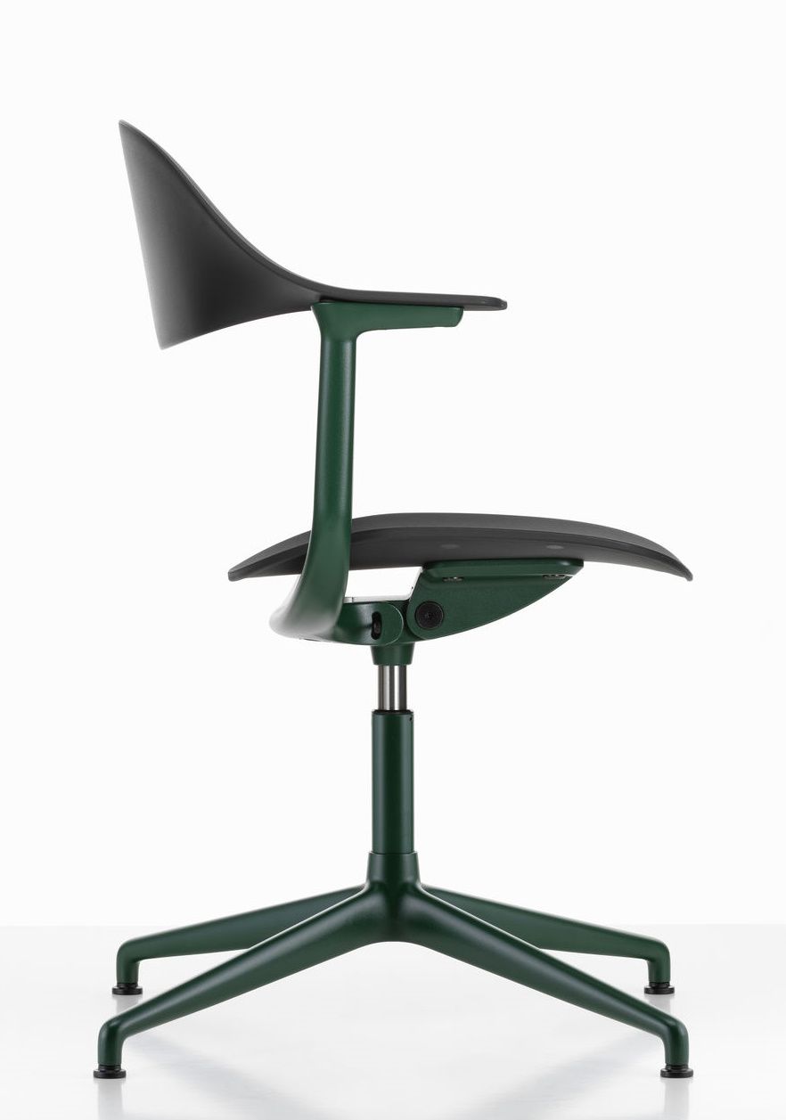 Mynt Bürostuhl von Vitra, grünes Gestell, schwarze Sitzfläche und Rückenlehne, ergonomischer Drehstuhl.