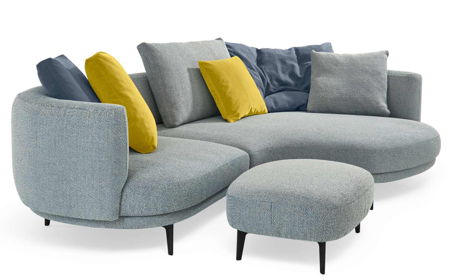 Marru Sofa von Walter Knoll, hellgraues Ecksofa mit Ottomanen und farbigen Kissen.