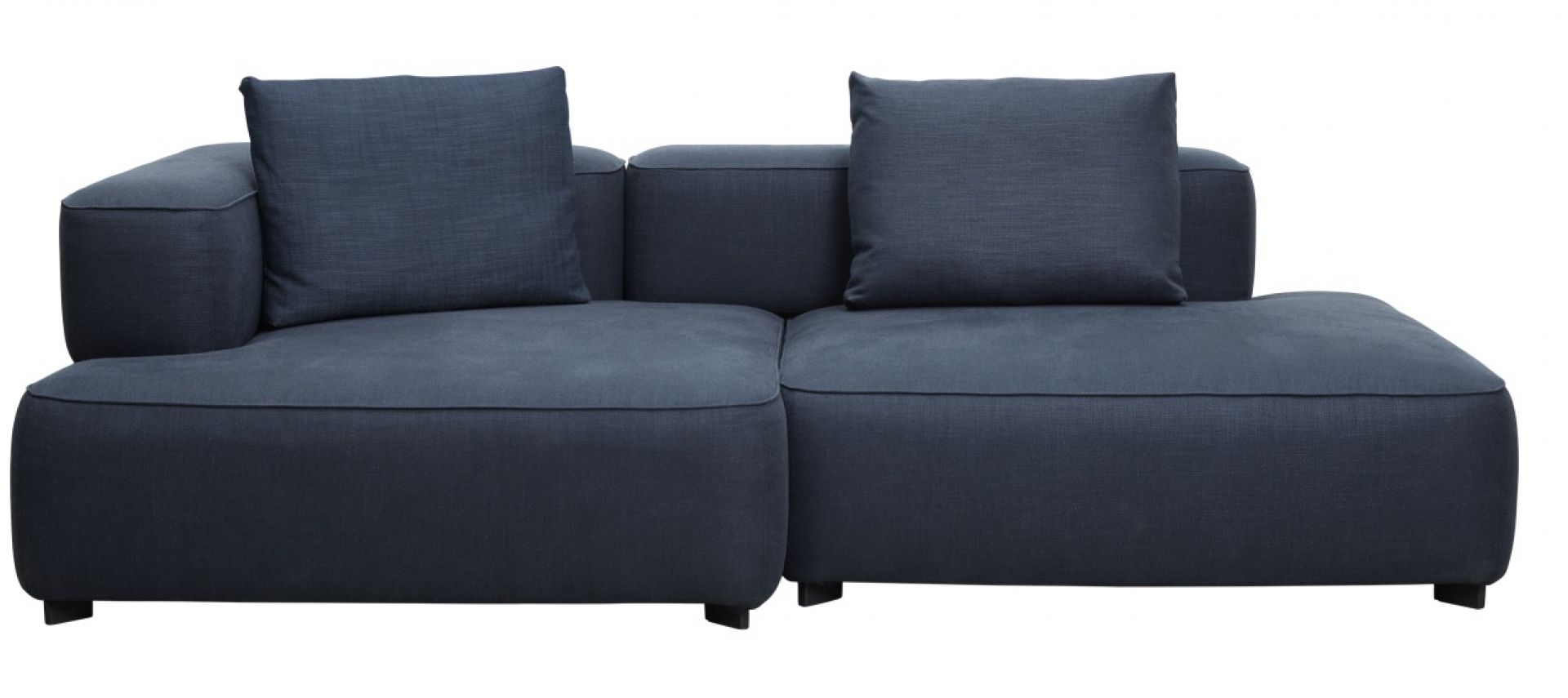 Blaues Alphabet Sofa 2-Sitzer mit Armlehne links von Fritz Hansen mit zwei Kissen.