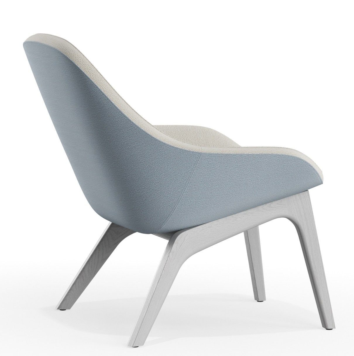 Morph Lounge Chair Sessel von Zeitraum, hellblau-beige gepolstert mit hellem Holzgestell, seitliche Ansicht.