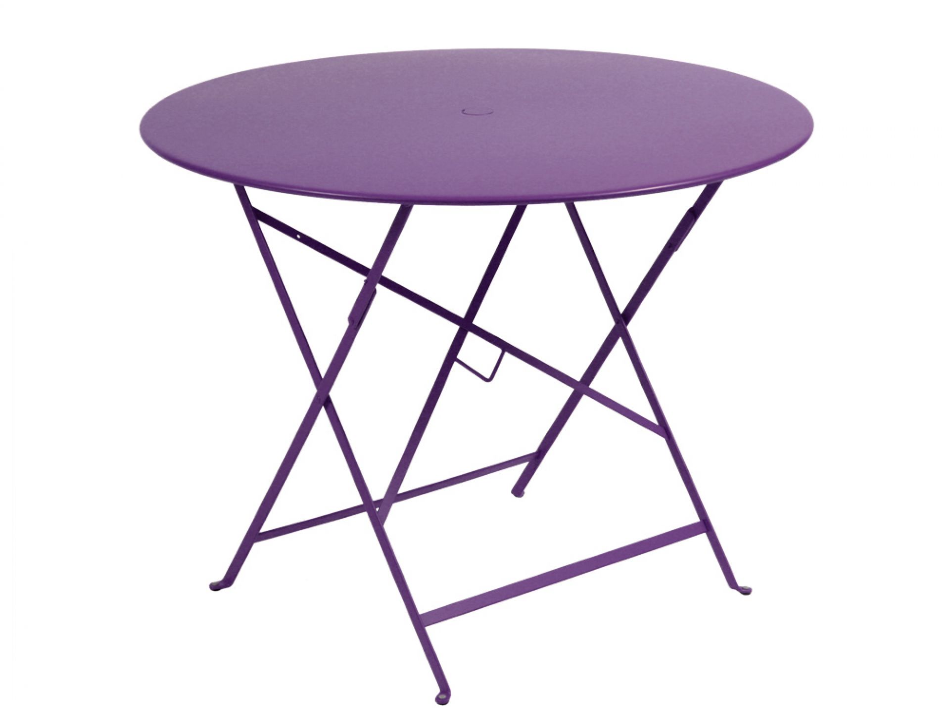 Lila Bistro Klapptisch von Fermob, runder Gartentisch für den Außenbereich, platzsparend zusammenklappbar.
