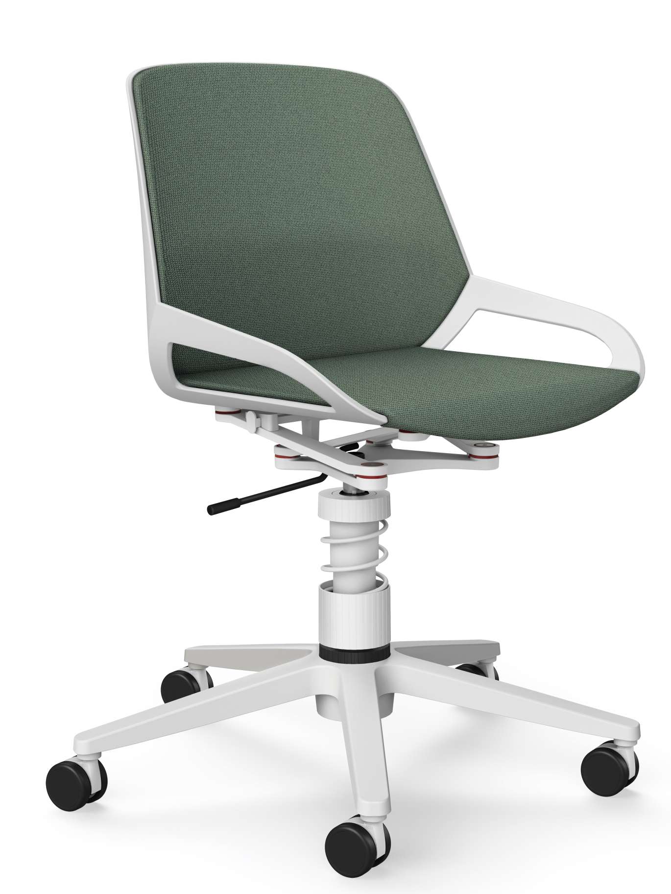 Numo Task Bürodrehstuhl von Aeris mit grünem Bezug und weißem Gestell, ergonomischer Arbeitsstuhl mit Rollen.