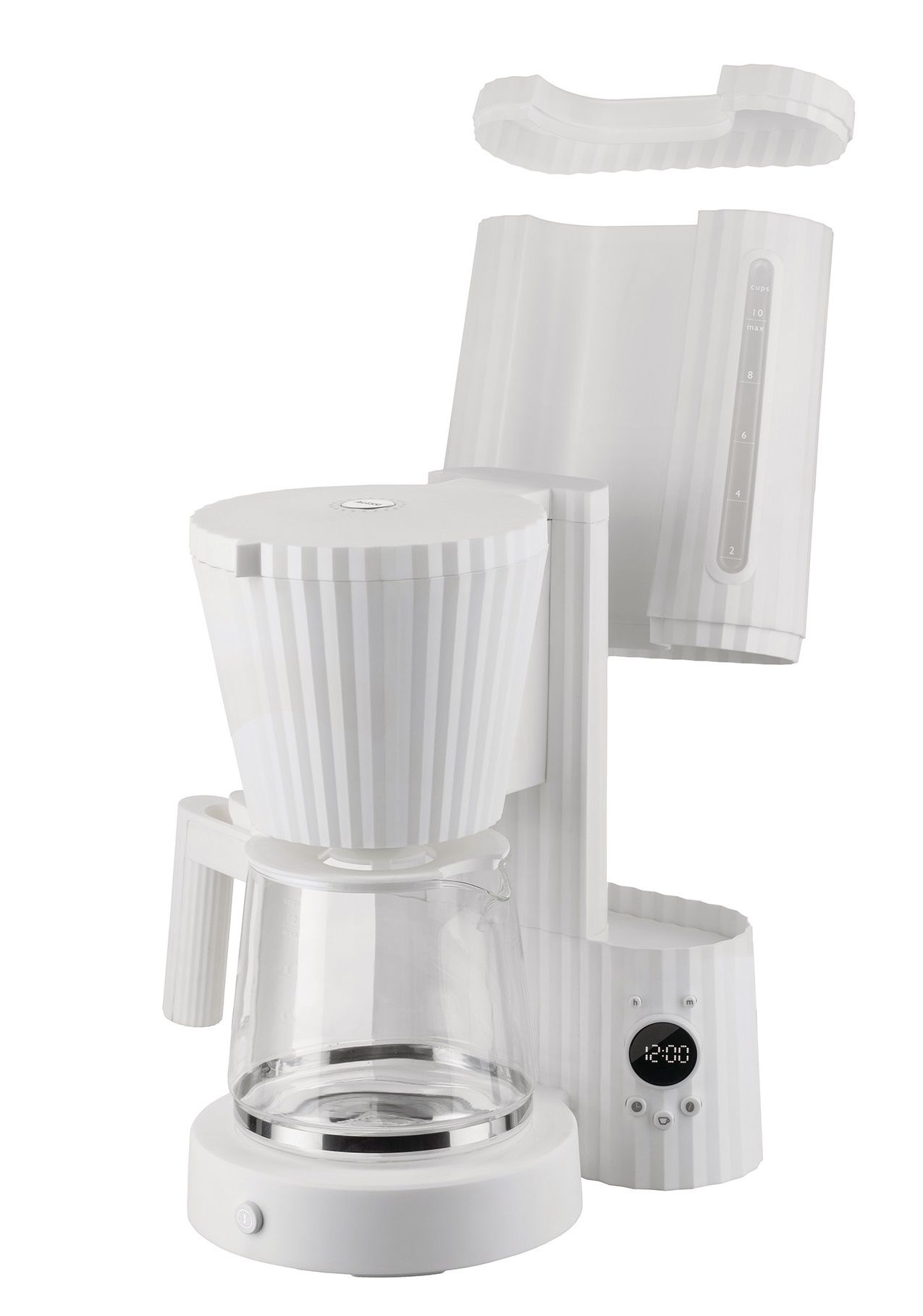 Produktfoto: Weiße Alessi MDL14 Plissé Filterkaffeemaschine mit Glaskanne, ideal für aromatischen Filterkaffee.