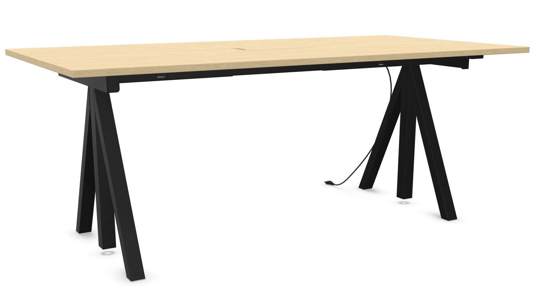 Wordesk Table Schreibtisch von String Furniture mit hellem Holz und schwarzem A-förmigen Gestell.
