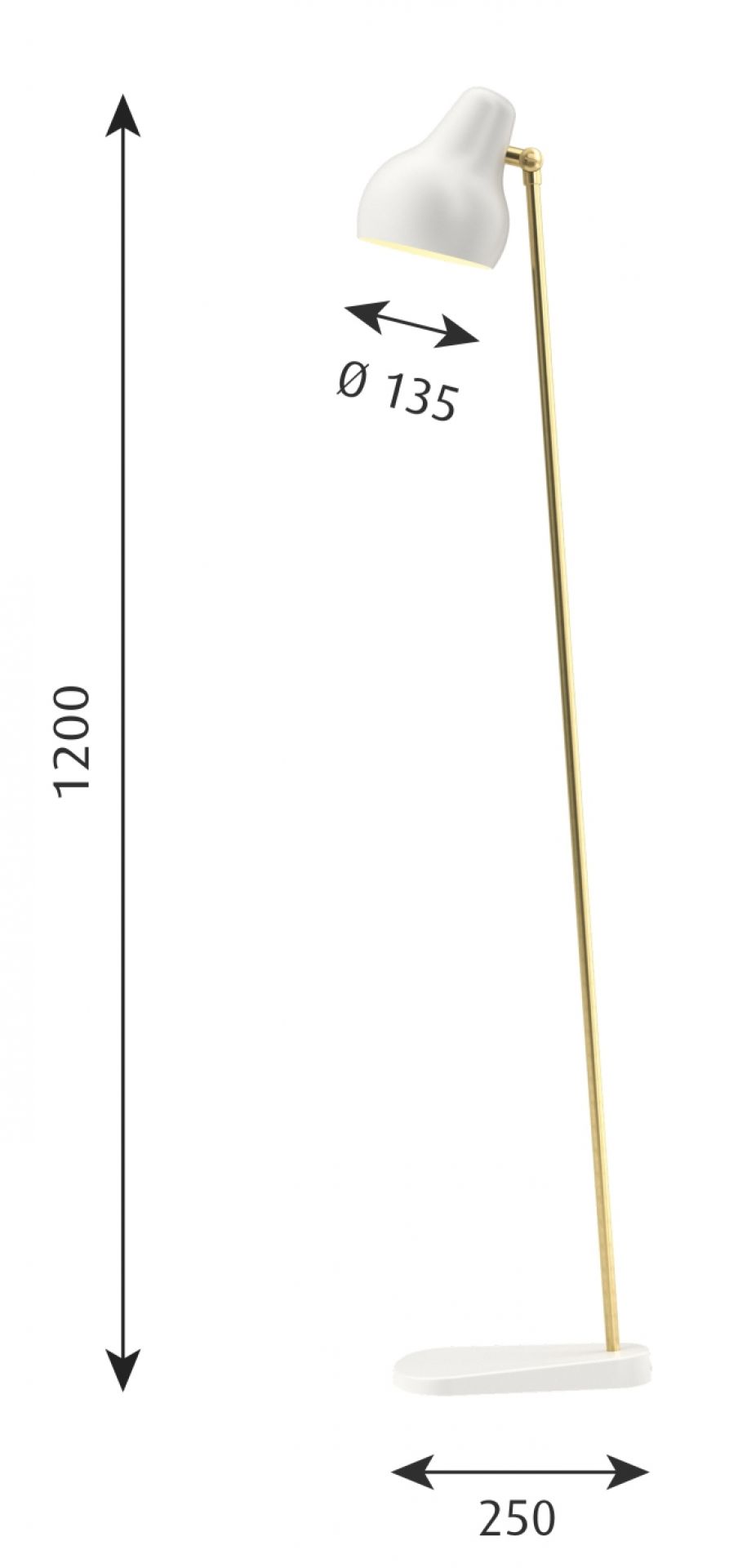 VL38 Stehleuchte von Louis Poulsen in Weiß und Gold mit Maßangaben für E-Commerce.