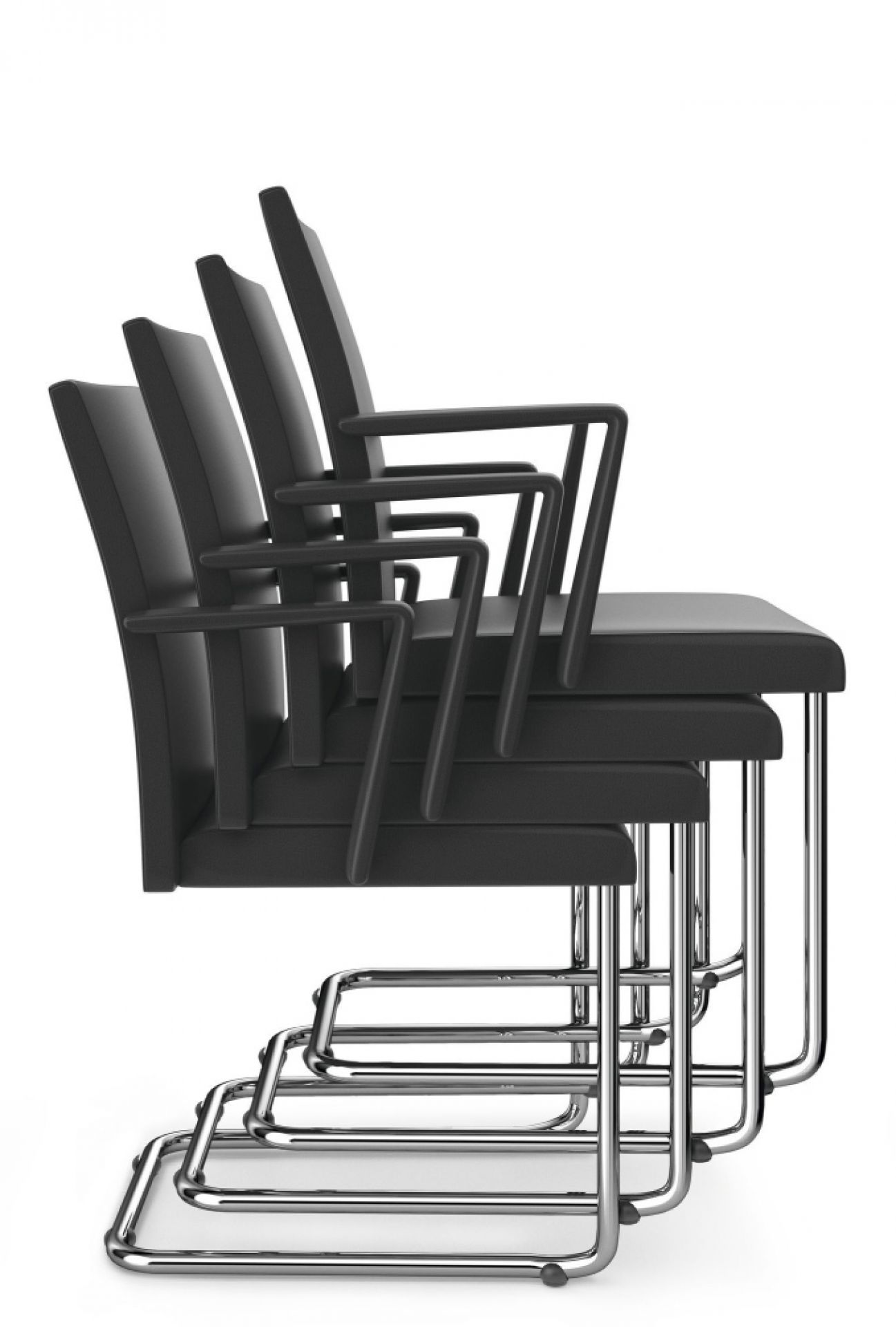 Stapelbare schwarze JASON Freischwinger Stühle von Walter Knoll mit verchromtem Stahlgestell, geeignet für Konferenzräume.